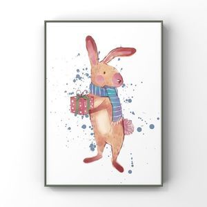 Christmas Animal Wall Art Winter Holiday Bunny with gift  home decor art Print